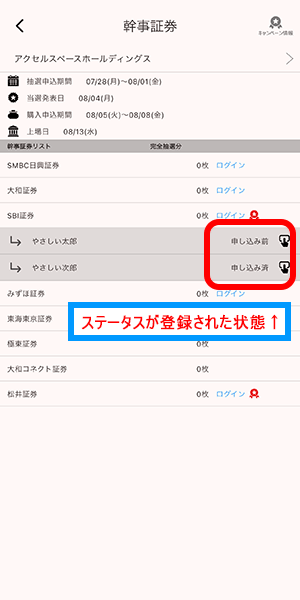 IPO株当選管理_当選ステータス登録画面