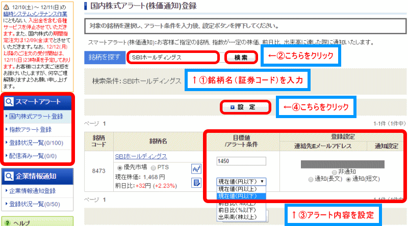 SBI証券のスマートアラート（株価通知サービス）