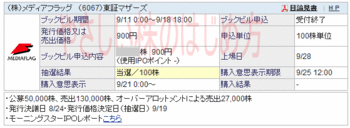 メディアフラッグ IPO当選（SBI証券）