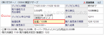 オウチーノIPO当選（ＳＢＩ証券）