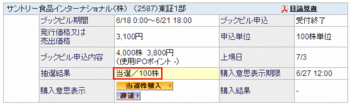 サントリー食品インターナショナルIPO当選（SBI証券）