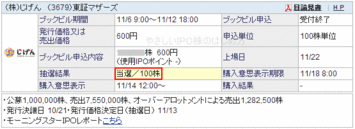 じげんIPO当選（ＳＢＩ証券）