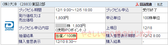 大令IPO当選（SBI証券）