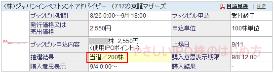 ジャパンインベストメントアドバイザーIPO当選（SBI証券）