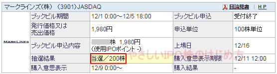 マークラインズIPO当選（SBI証券）