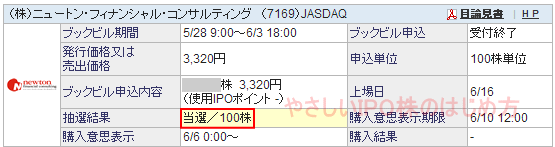 ニュートン・フィナンシャル・コンサルティングIPO当選（SBI証券）