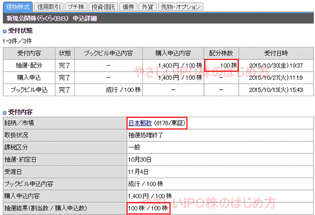 日本郵政IPO当選（カブドットコム証券）