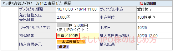 九州旅客鉄道IPO当選（SBI証券）