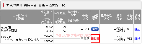 ケネディクス商業リート投資法人IPO当選（SMBC日興証券）