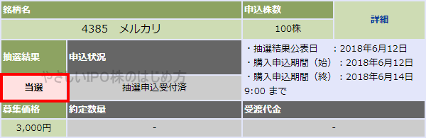 社名IPO当選（○○証券）