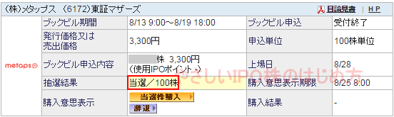 メタップスIPO当選（ＳＢＩ証券）