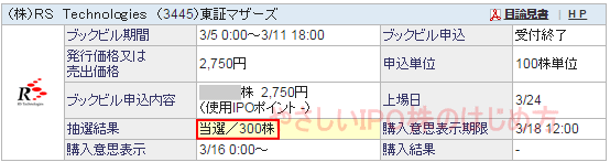 RS TechnologiesIPO当選（ＳＢＩ証券）
