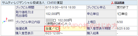 サムティ・レジデンシャル投資法人IPO当選（ＳＢＩ証券）