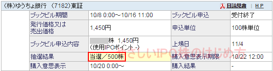 ゆうちょ銀行IPO当選（SBI証券）