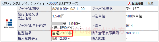 デジタルアイデンティティIPO当選（SBI証券）