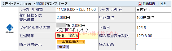 ＭＳ－ＪａｐａｎIPO当選（SBI証券）