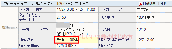 一家ダイニングプロジェクトIPO当選（SBI証券）