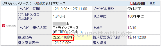 みらいワークスIPO当選（SBI証券）