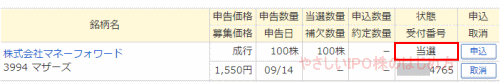 マネーフォワードIPO当選（マネックス証券）