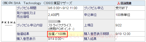 社名IPO当選（○○証券）