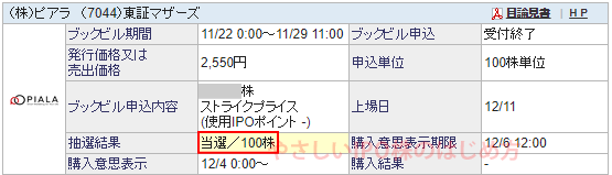 社名IPO当選（○○証券）