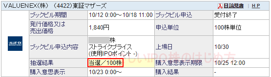 社名IPO当選（○○証券）