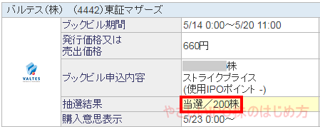 バルテスIPO当選（SBI証券）