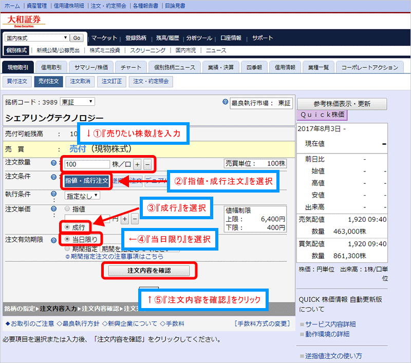 売り注文画面